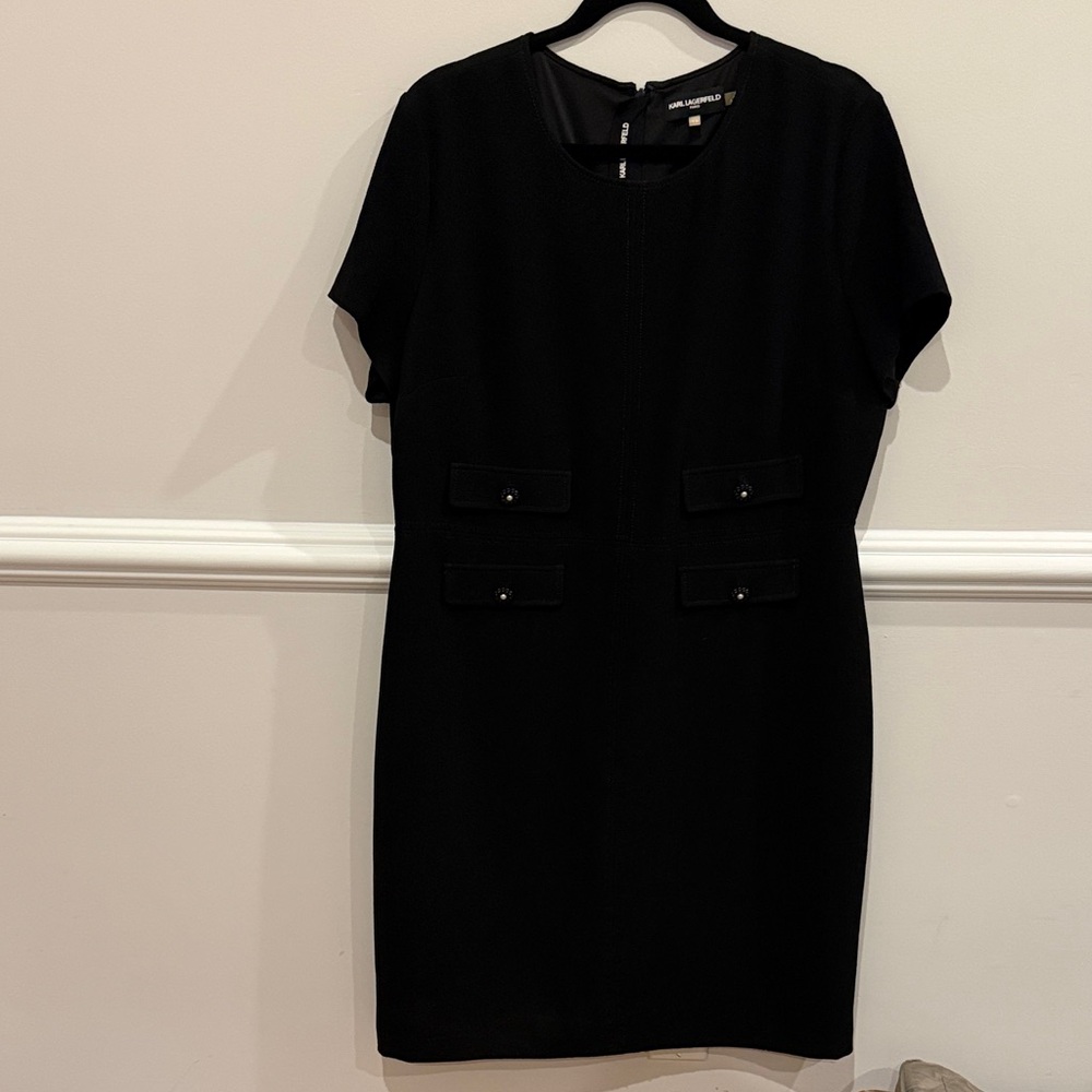 Karl Lagerfeld Black Short-Sleeve Shift Dress with Front Flap Details
